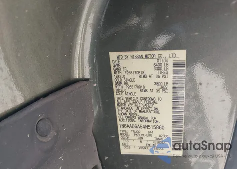 2004 Nissan Titan Le из США, поврежденный, VIN 1N6AA06A54N515860